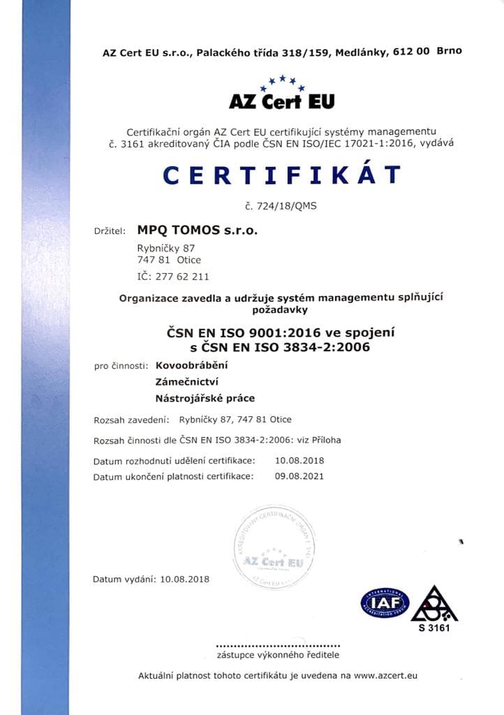 Certifikát ČSN EN ISO 9001:2016